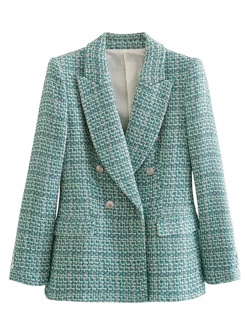 Women Double-Breasted Retro Blazer Long Sleeve Pockets Elegant Autumn Jacket