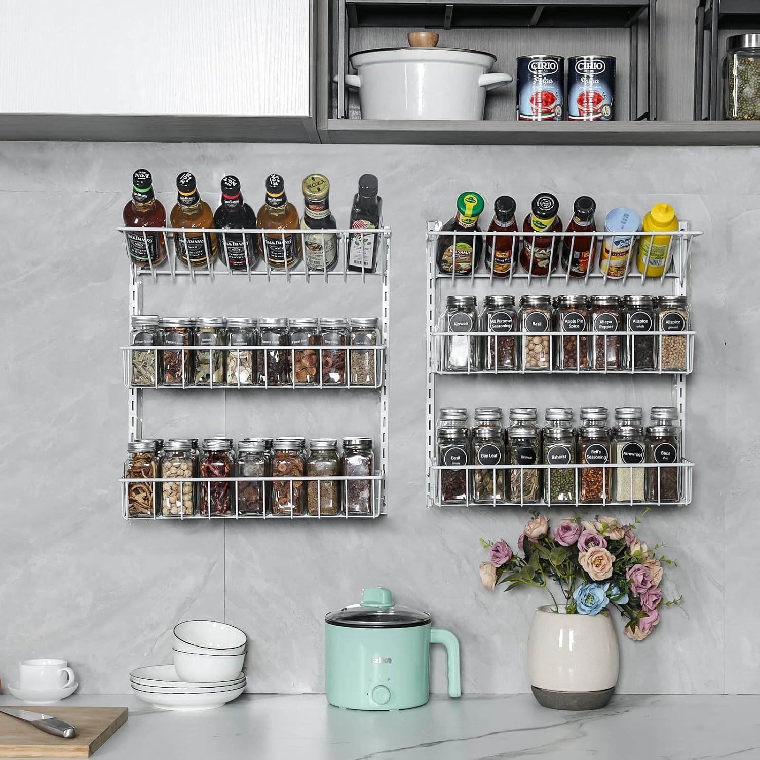 X-cosrack Wall Mounted Spice Rack Organizer 6 Tier Hanging Seasoning Holder Rack, Height-Adjustable Wire Spice Shelves for Kitchen Pantry Cabinet Door, White