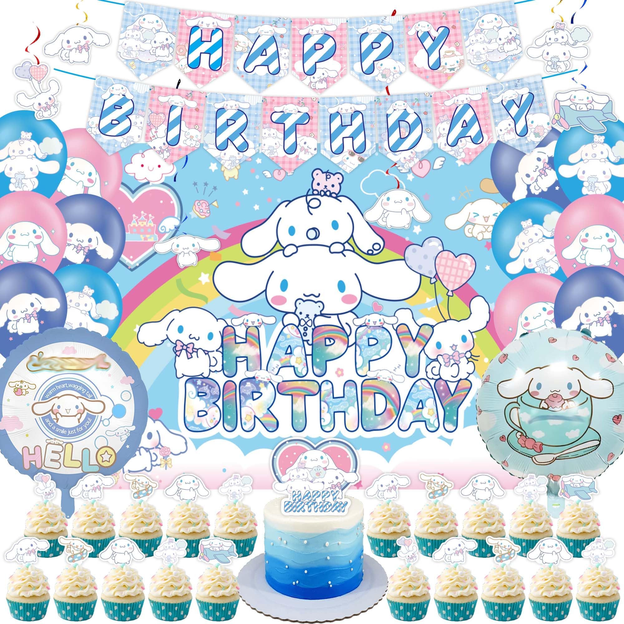 Cinnamoroll Birthday Decorations, Party Supplies Include Banner, Hanging Swirl, Cinnamoroll Balloon, Backdrop, Cupcake Toppers for Kawaii Birthday Decorations