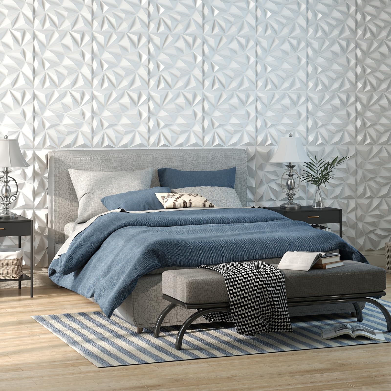 COSTWAY 40 Pezzi 3D Pannelli Murali 50 x 50 cm, Pannello da Parete 3D Diamante, Decorazione Interna da Parete in PVC, 10 m², per Soggiorno Camera da Letto (10㎡,Bianco)