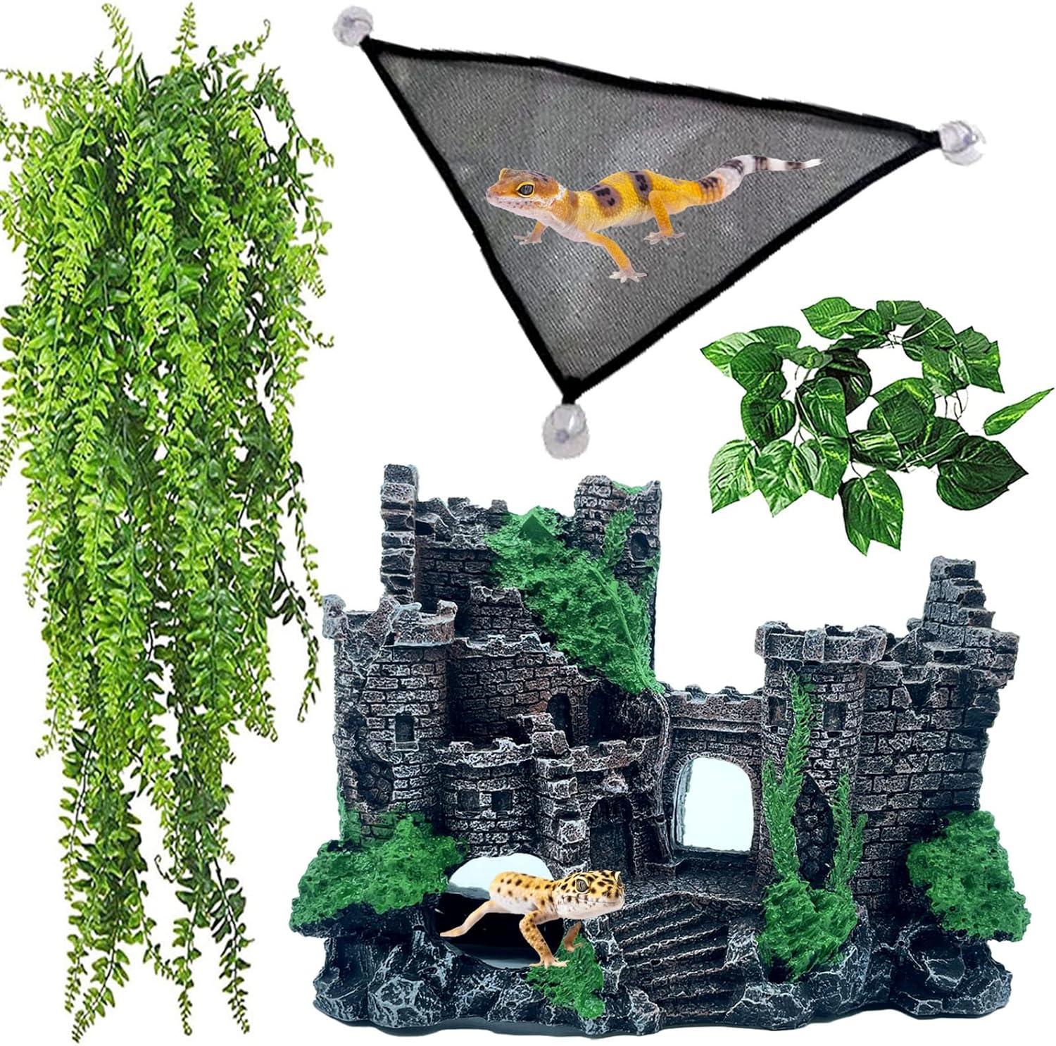 kathson Bearded Dragon Tank Castle Decorations,Reptile Hammock Reptiles Habitat Resin Hideouts Cave Decor Terrarium Accessories for Lizard Snake Chameleon Gecko Hermit Crabs (4 Pcs)