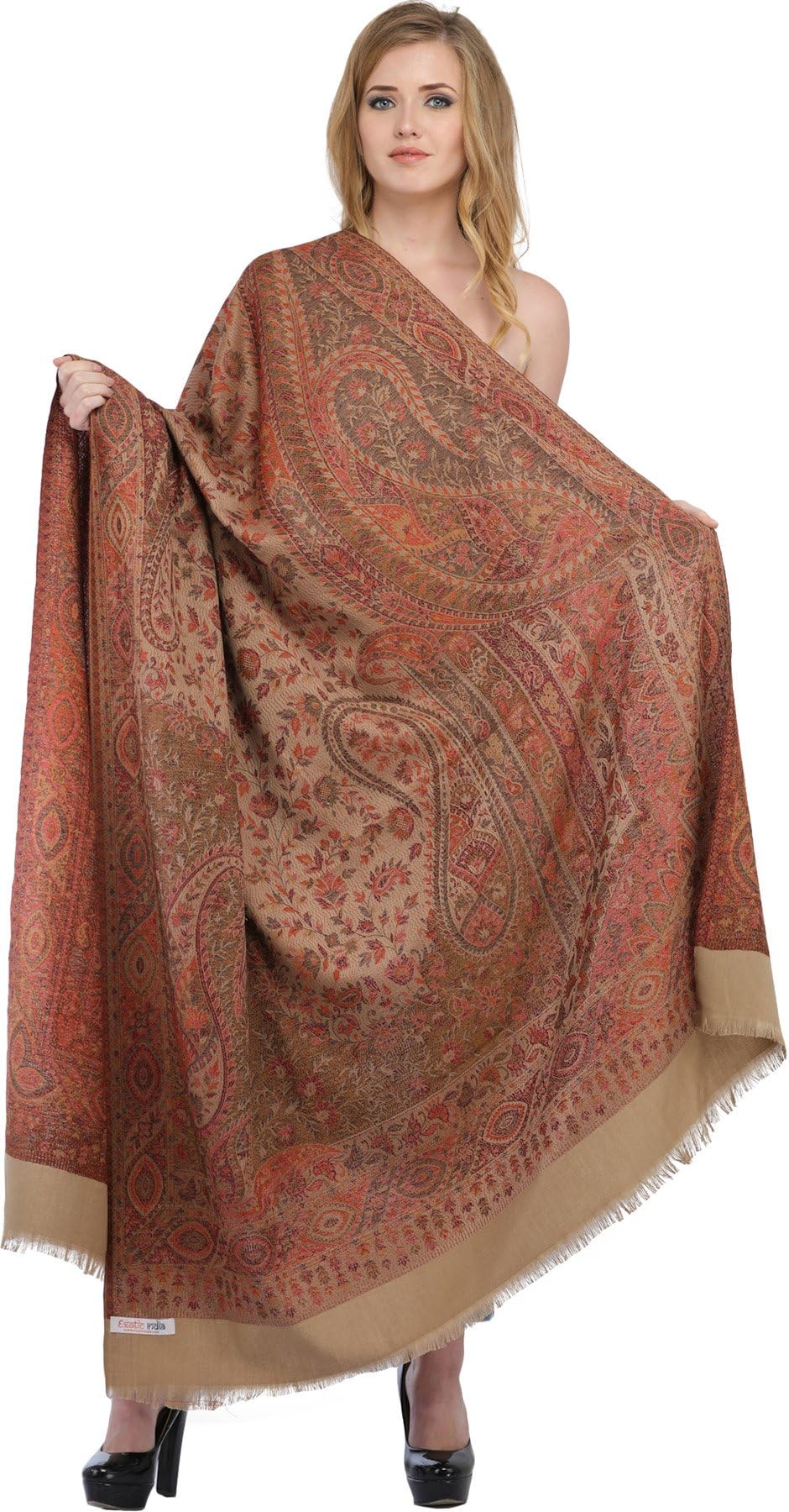 Reversible Jamawar Shawl with Woven Paisleys - Wool
