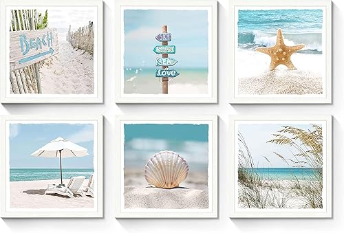 Arte de pared enmarcado de madera costera colección de ilustraciones temáticas de playa, estrellas de mar, impresiones artísticas para decoración de