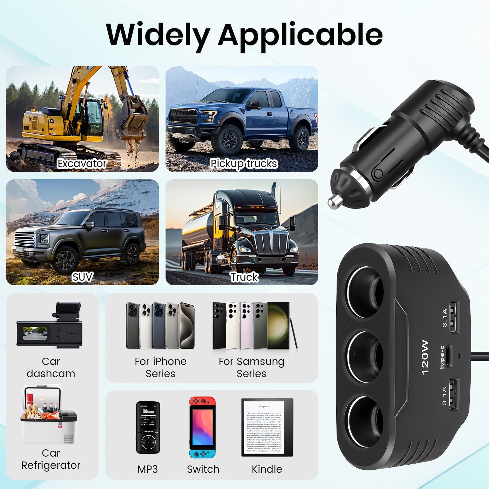 120W Prise Allume Cigare 12V 24V, Adaptateur avec 3 Prises Allume-Cigare 2 USB-A Port 1 Type C 5V 3.1A, Multi Chargeur Splitter avec LED pour Tablette GPS Phone Dash Cam Caméra Voiture