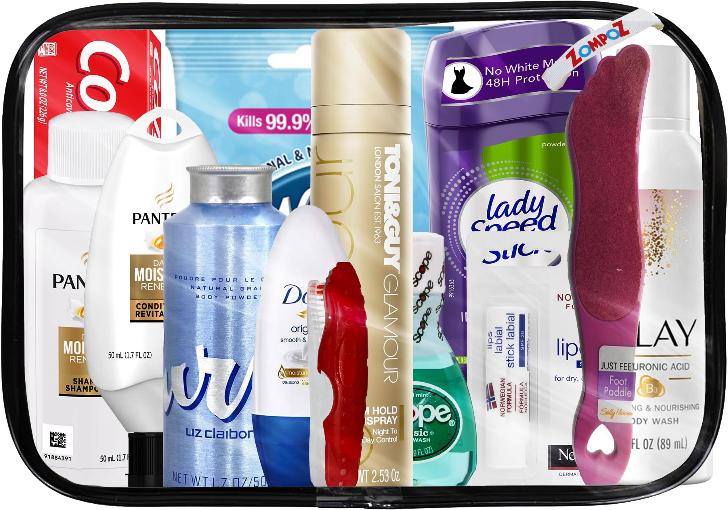 Womens Travel Toiletry Kit, 13 Travel-Size Hygiene Essentials for Bath, Shaving, Personal Care in TSA-Compliant Transparent Bag, Mini Toiletries Kit for Business, Charity, Gift for Her