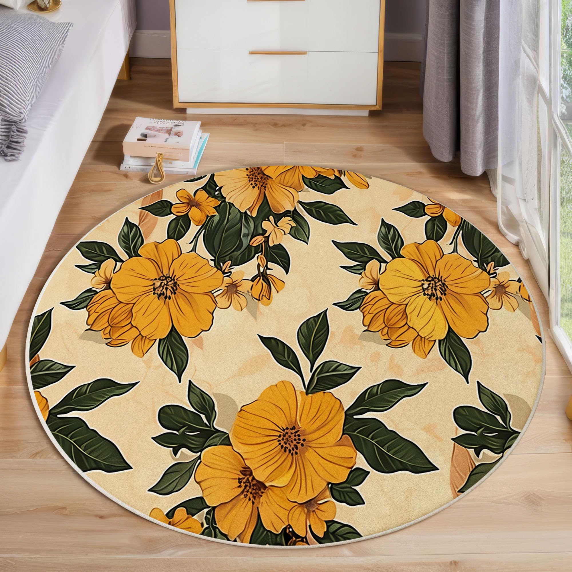 Runder Teppich Senfgelb 100cm Kurzflor Teppich Weich Waschbar Gelbe Blumen Stuhlkissen Rund Pflegeleicht und Wetterbeständig für Wohnzimmer, Schlafzimmer, Büro