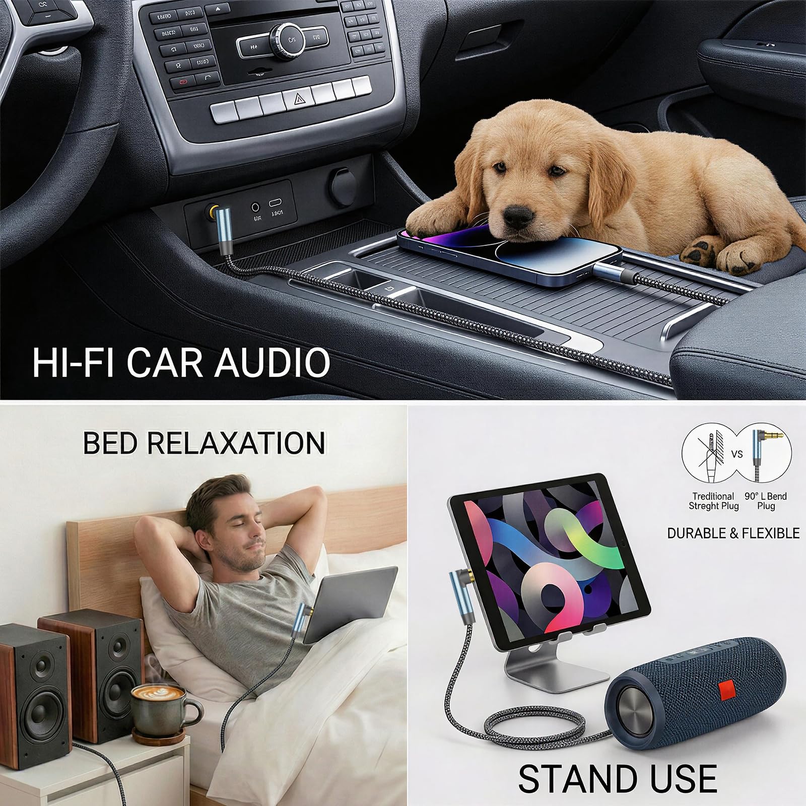 AUX-Kabel, 6 m, 3,5 mm Stereo-Audiokabel, 90-Grad-Aux-Kabel, 3,5 mm Stecker auf Stecker, rechtwinklig, TRS-Kabel, kompatibel für Kopfhörer, Tablets, Lautsprecher, 24 K vergoldet