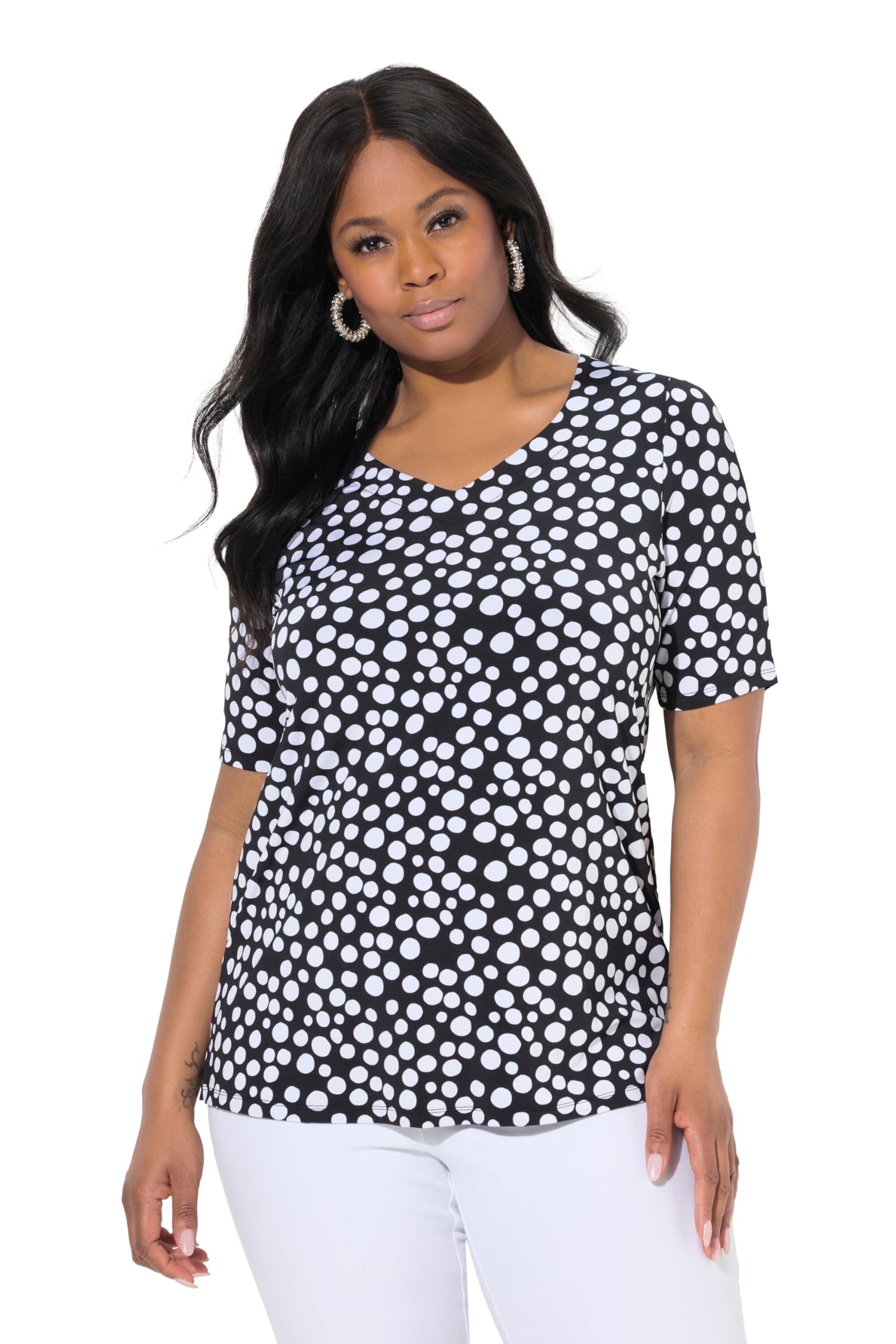 Ulla Popken Damen große Größen Übergrößen Plus Size Slinkyshirt, Punkte, Classic, Herzausschnitt, Halbarm 842703