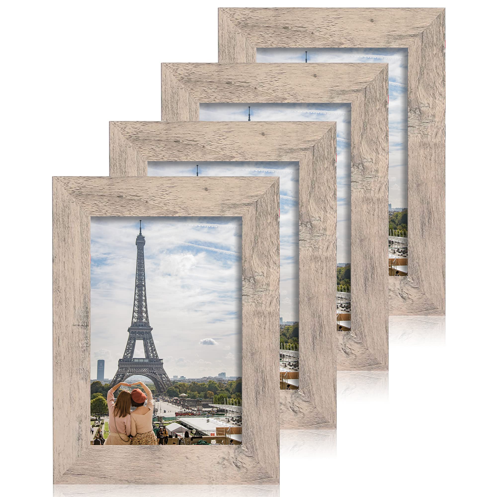 iRahmen 4 Pack 4x6 Rustic Picture Frame Set with High Definition Glass Photo Frame for Desktop Display and Wall Mounting (IR-US002-SG-P4X6(4PK))