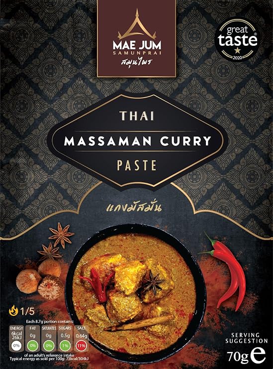 Authentic Thai Massaman Curry Paste by Mae Jum | 1 pack x 70g | Mild Spice | Great Taste Award Winner | Up to 8 Servings per Pack | 100% Natural | Vegan Paste | Gluten Free