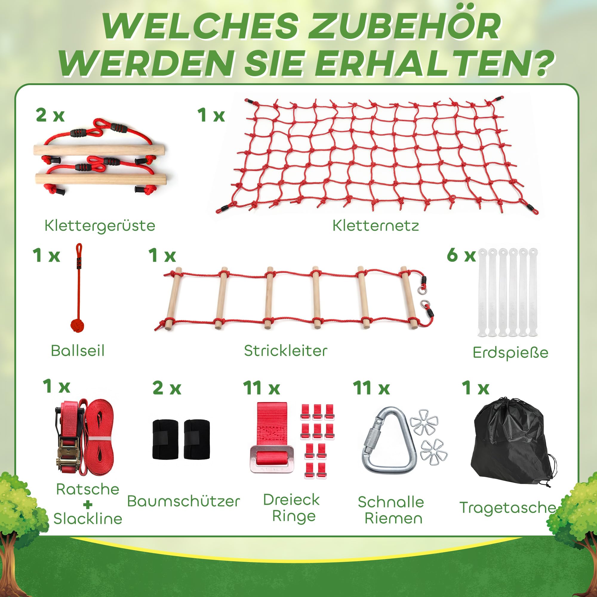 AIYAPLAY Ninja Line Kinder 10m Slackline Set mit Slackline, Turnringe, Schaukel, Kletterleiter, Kletternetz, Kletterseil, Reckstange, Outdoor Spielset Ausrüstung für 3-6 Jahre Kinder Rot
