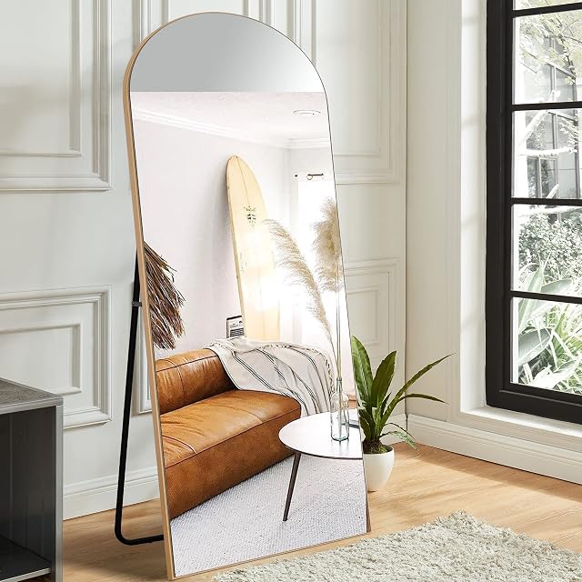 NeuType 71"x28" Arched Full Length Mirror, Large Arched Wall Mirror Floor Mirror with Stand, Full Body Dressing Mirrors Standing Hanging or Leaning Against Wall, Arched-Top Wood Thin Frame, Gold