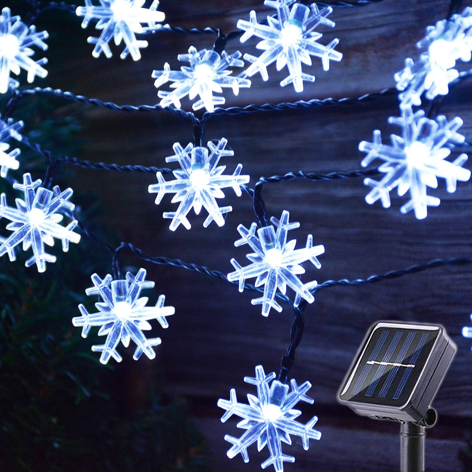 50 LED Solar Christmas Lights Outdoor Cool White Christmas Snowflake String Lights, Solar Powered LED Fairy Lights Xmas Tree Snowflake Decor Light for Party Patio Garden Roof Window Decor
