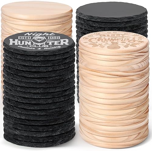 Miniatura 1 de 72 posavasos para grabado láser, 4 pulgadas, 36 posavasos de piedra de pizarra negra a granel, 36 piezas de madera, material grabable para grabador,