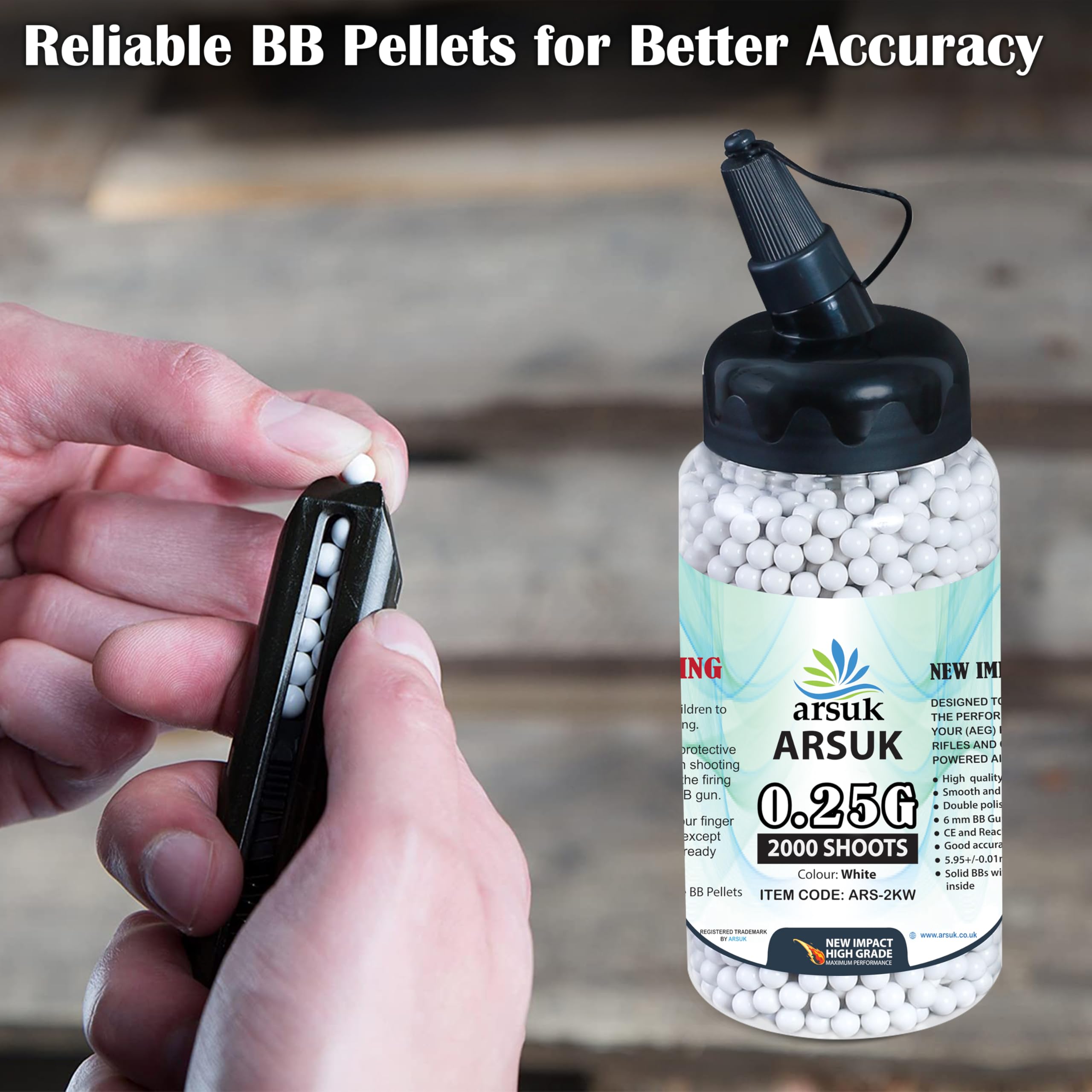 ARSUK Balines de Airsoft, Munición Bolas de Paintball 6mm, 0.20g de Alto Grado Precision de plástico Cantidades; 2000, 4000, 5000, 10,000 Balines(0,20g Bolsa de 2000 Blanco)