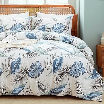 Merryword Tropical Leaf Comforter Set King,100% Cotton Natural Comforter Set 3 Pieces with Blue Green Botanical Monstera and Palm Leaves, Lightweight All Season Modern Coastal Bedding
