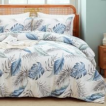 Merryword 100% Cotton Comforter Set Queen Size 3 Pcs Botanical Comforter Set Nature Floral Bedding with Greenery & Orange Flowers, Soft Breathable Lightweight Comforter Set for Cozy Bedroom Style