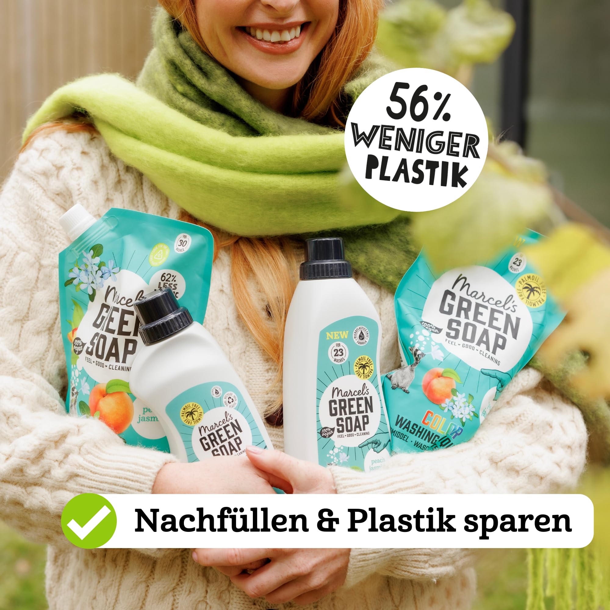 Marcel's Green Soap Farbwaschmittel Nachfüllpack Pfirsich & Jasmin – Nachfüllbeutel – Farbige Wäsche - Vegan - Mikroplastikfreie Formel - 92 Waschgänge - 1L (4er Pack)