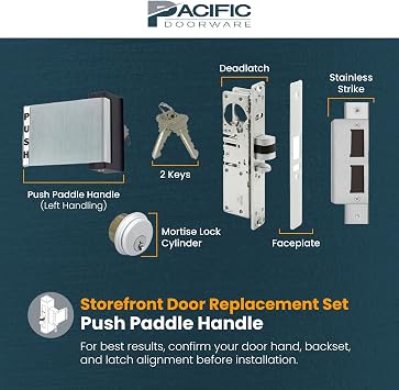 Pacific Doorware Adams Rite Style Latch Storefront Door Mortise Dead Latch Lock Exit Paddle Handle Kit with Cylinder & Keys Left Hand Aluminum 31/31 Inch