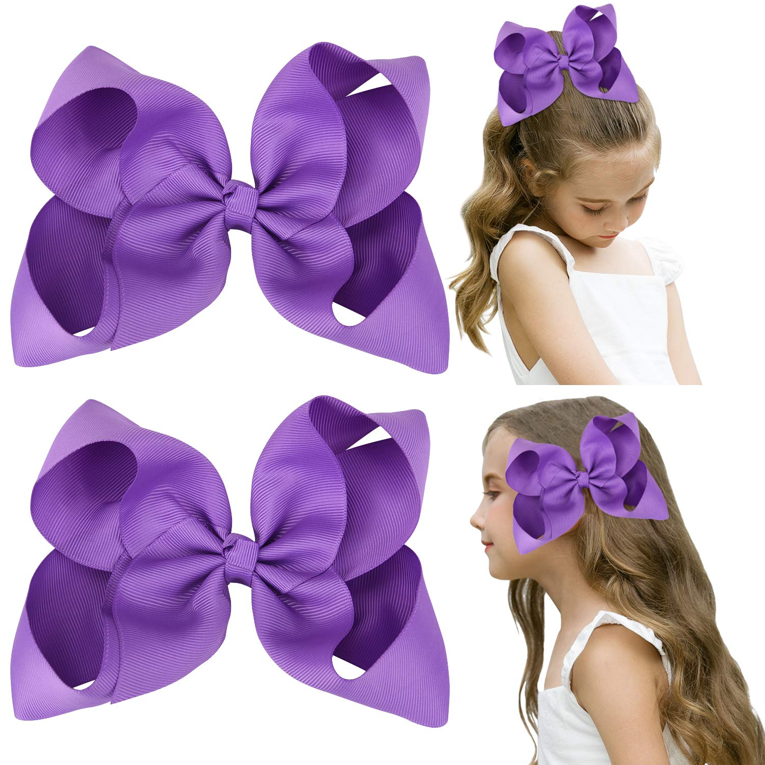 DEEKA 2 PCS 6" Big Hand-made Grosgrain Ribbon Solid Color Hair Bows Alligator Clips Hair Accessories for Little Teen Toddler Girls Kids Set of 2 -Purple