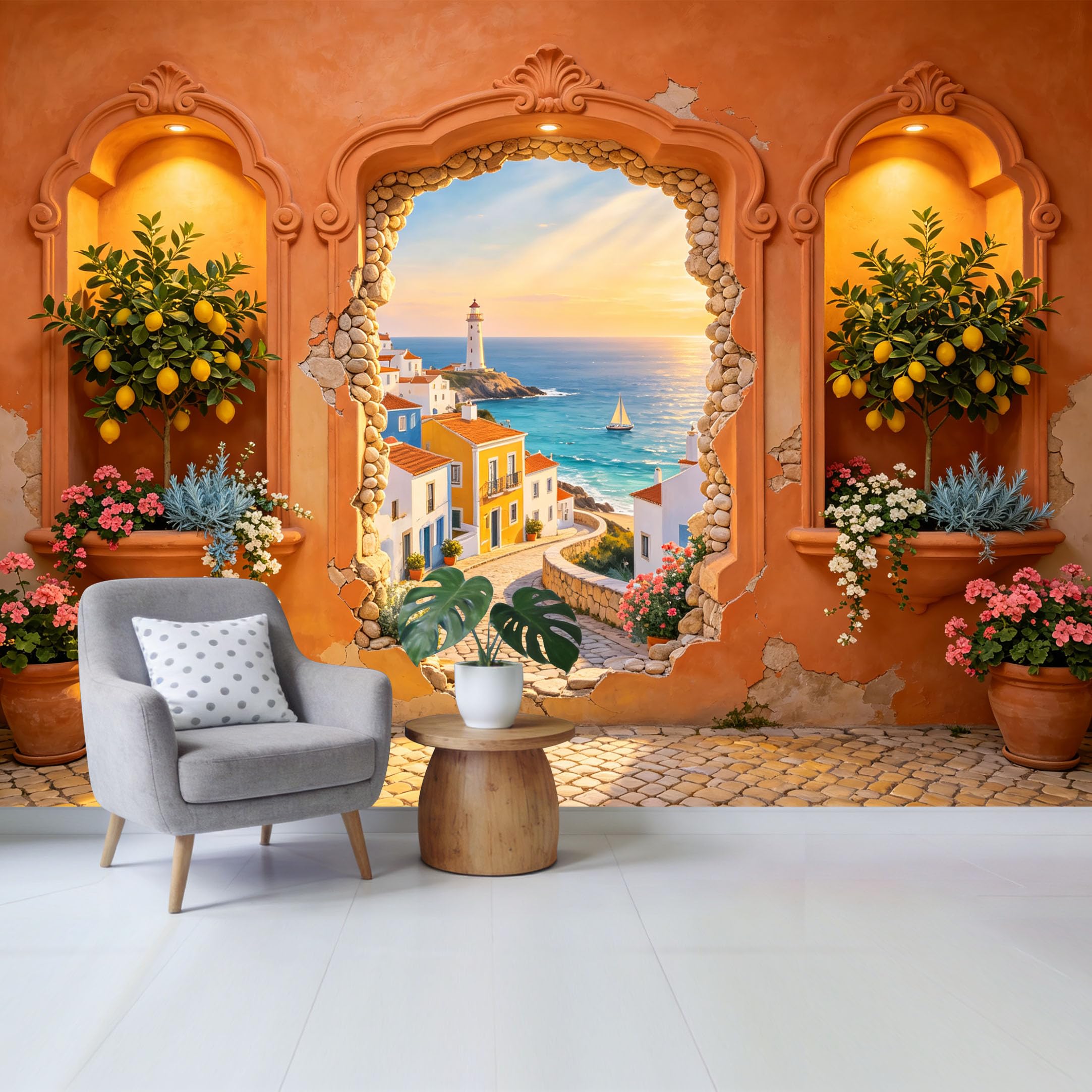 Custom Size Wall Mural Mediterranean Coastal Village Lemon Tree Arch Ocean View 3D Trompe L'Oeil Removable Self Adhesive Fabric Home Wall Decor for Living Room Bedroom Bathroom