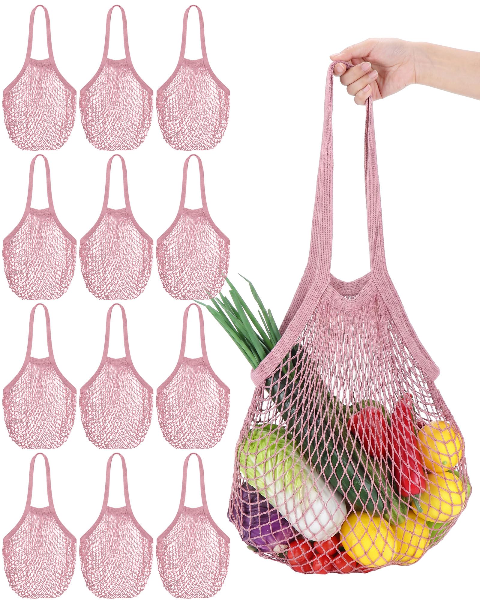 Photo 1 of Eccliy 12 Pcs Reusable Cotton Mesh Grocery Bag Washable String Bag Farmers Market Shopping Net Bags Beach Organizer Bulk Aesthetic Portable Tote with Handles for Fruit Vegetable(Dark Pink,10 in)