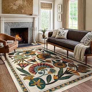 Zealude Egypt Floral Washable Area Rug 5x7 Boho Beige Non-Slip Soft Rug for Living Room Bedroom Kitchen Entryway Kids Pets