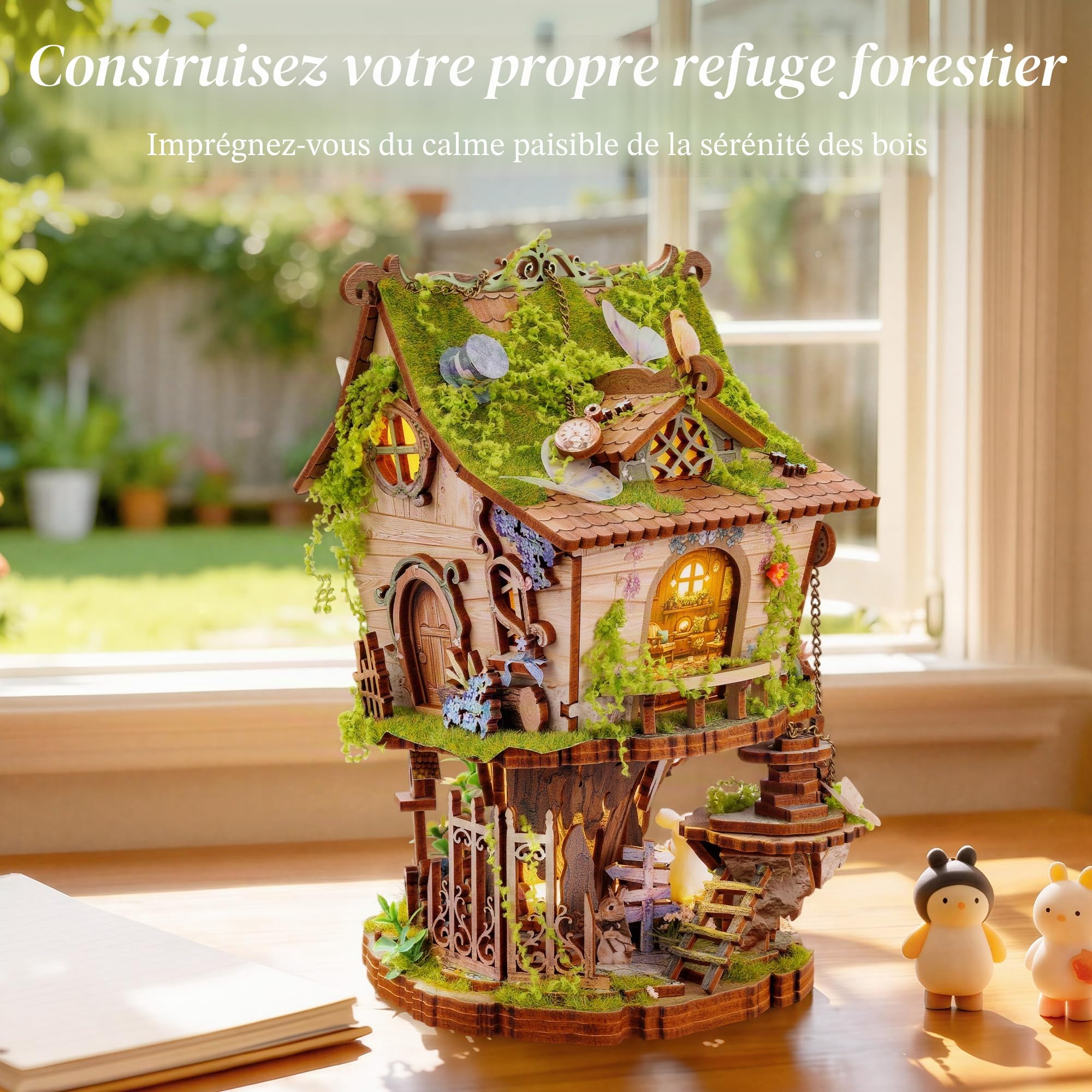 FUNPOLA LED 3D Puzzle Rowan’s Treehouse Kit, Puzzle Miniature Maison de Fée DIY avec Lumière, Décoration de Bibliothèque en Bois Cadeau pour Adultes et Adolescents (A+)