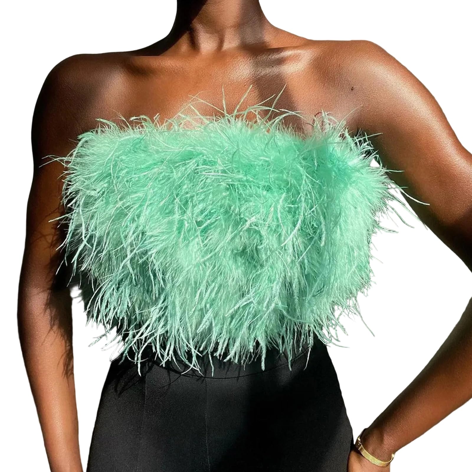 Gissroys Unisex Green Women Faux Furs Feathered Crop Tops Strapless Bandeau Tube Top Plush Aesthetic Cami Vest Tanks Clubwear Plush Cami Vest Tank