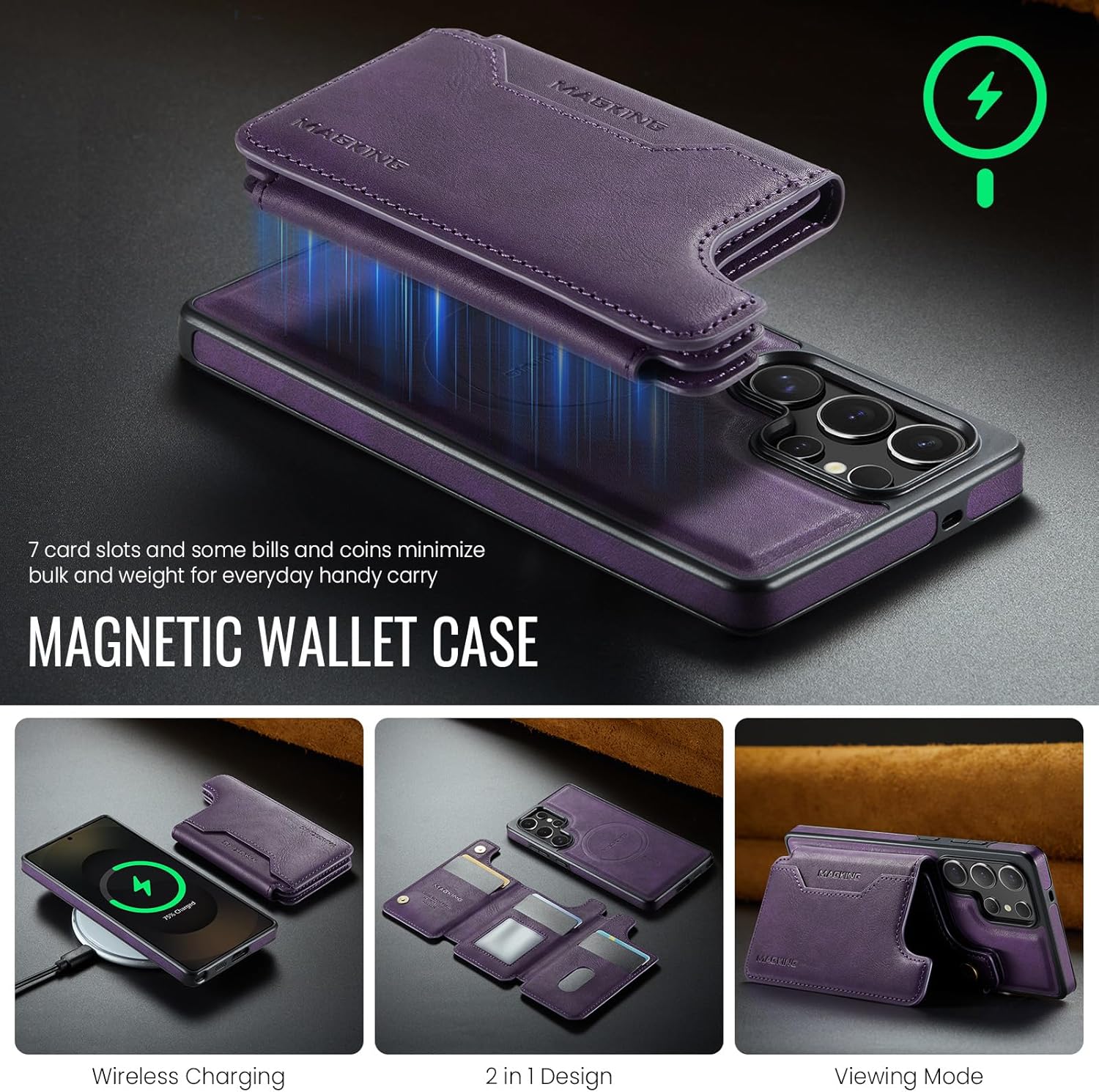 2 in 1 Detachable Wallet & Phone Case for iPhone 17 Pro, Supports Wireless Charging Magnetic Button case Cover Purple