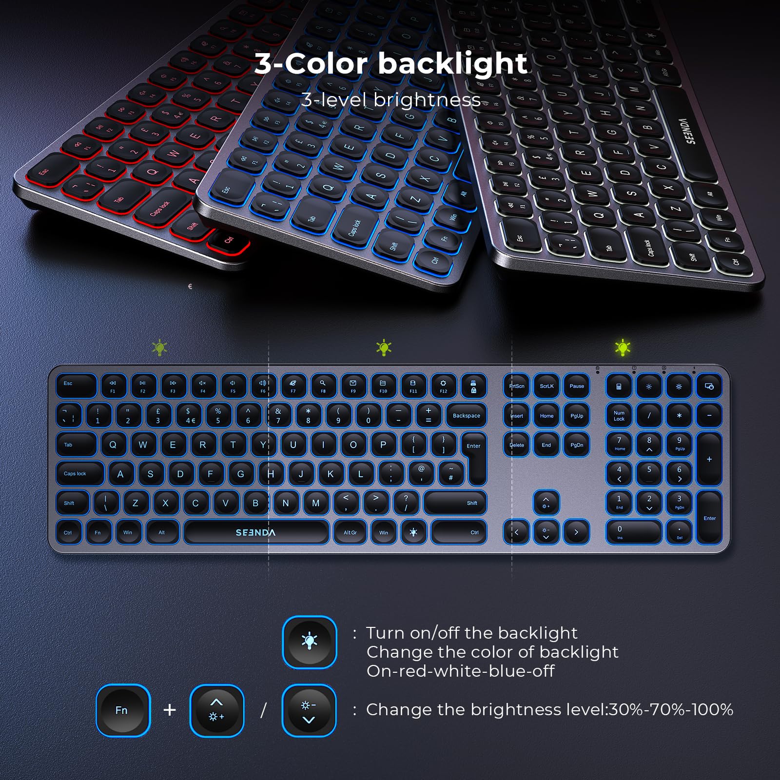 seenda Tastiera e mouse wireless, retroilluminazione a 3 colori (rosso-bianco-blu), ultra sottile ricaricabile retroilluminato silenzioso USB tastiera e mouse set completo QWERTY UK per PC Windows