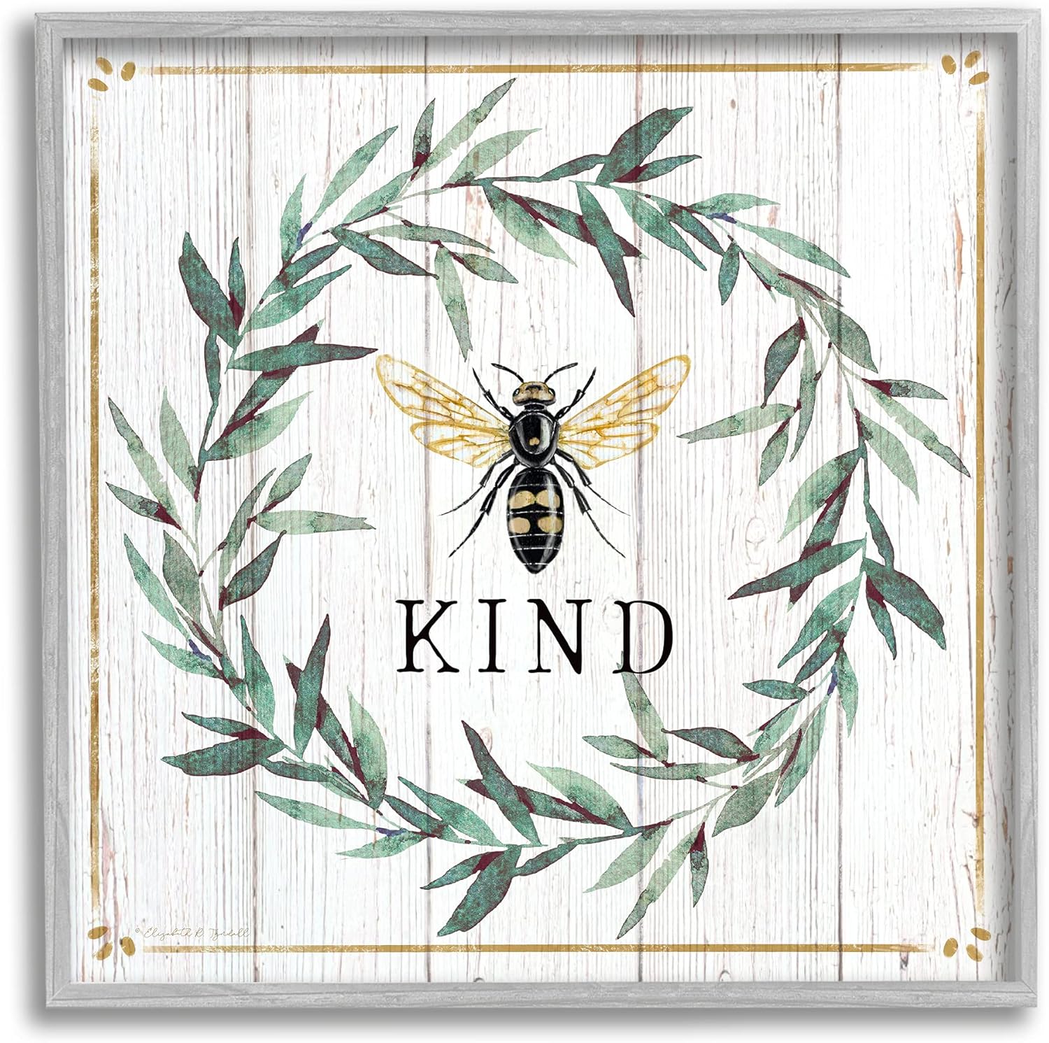 Stupell Industries Bee Kind Phrase Country Farm Insect Pun, Designed by Elizabeth Tyndall Gray Framed Wall Art, 24 x 24, Off- White