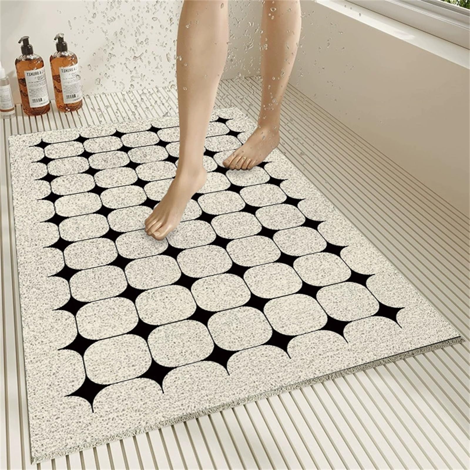 Odot Tapis de Douche Antidérapant, Tapis de Bain avec Trou de Drainage, Bath Mat Baignoire en Luffa PVC Design Nordique, Douche Rapide Doux pour Intérieure et Zones Humides (Noir Beige,90x120cm)