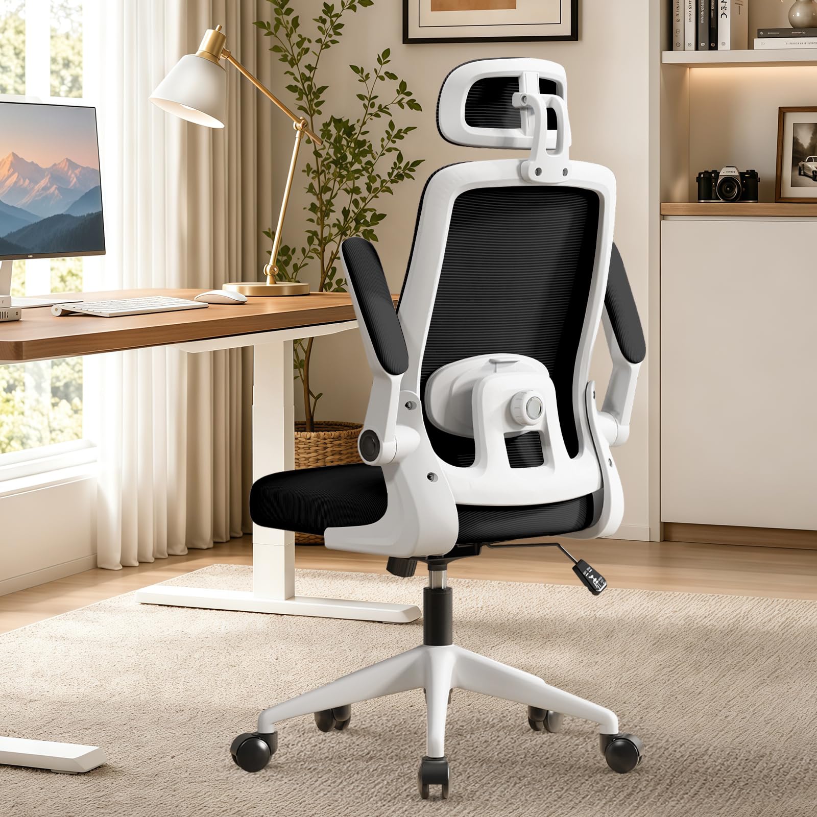 WXJHL Ergonomic Office Chair with Adjustable Lumbar Support, Desk Chair with 3D Headrest & Flip-Up Armrests, High Back Mesh Computer Chair for Home Office, Study & Gaming, Black and White