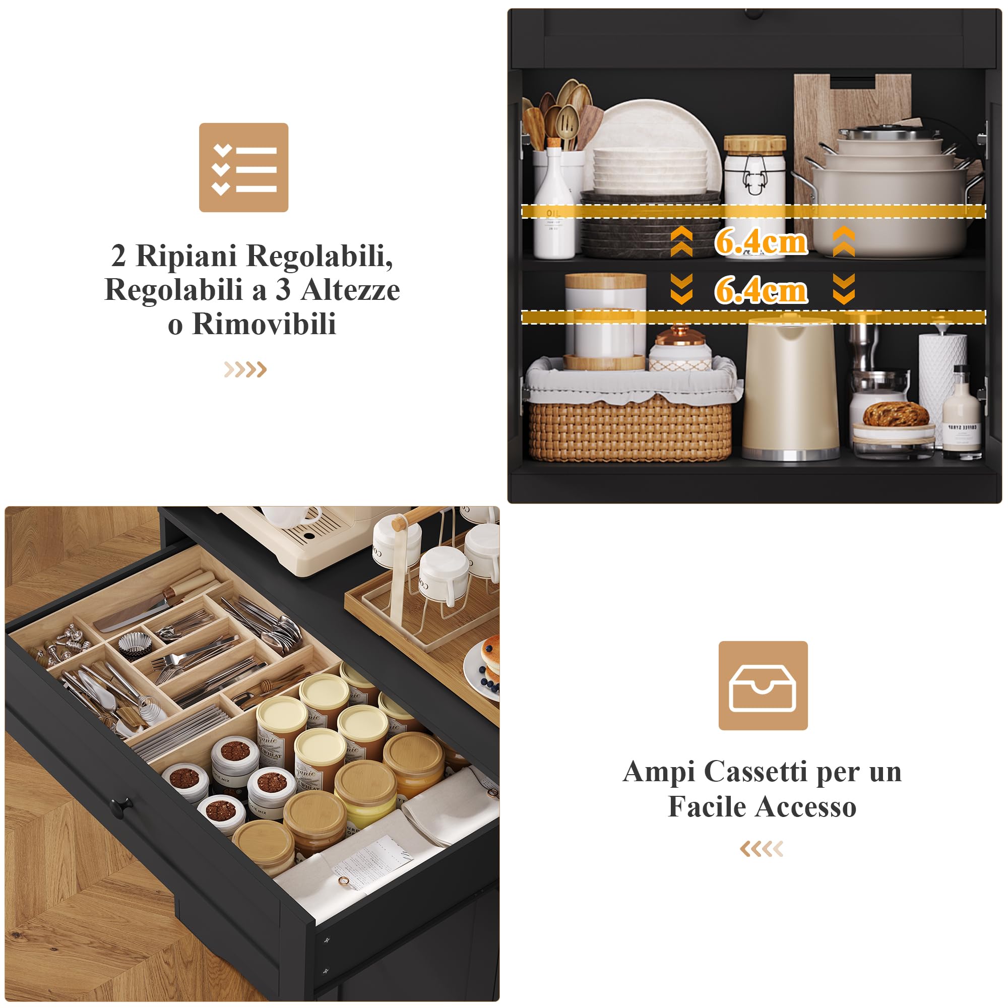 FOREHILL Credenza Cucina Alta 180CM, Mobile Dispensa Cucina con 4 Ante, Credenza Alta con Ripiani Regolabili e Grande Cassetto, Per Cucina, Bagno, Soggiorno, 75x40x180cm (Nero)