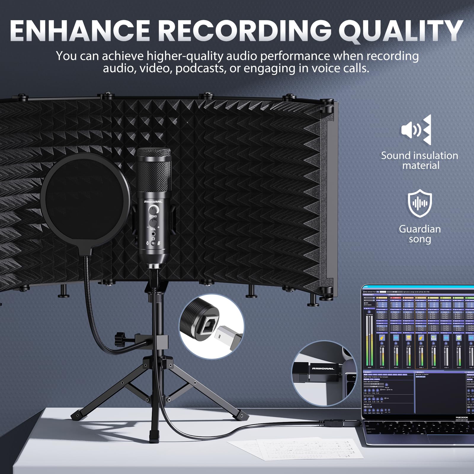 Studio Registrazione Microfono Isolamento Scudo con Pop Filtro & Treppiede Kit Studio Mic per Computer Portatile e Pc Attrezzature Vocale Condensatore Riworal