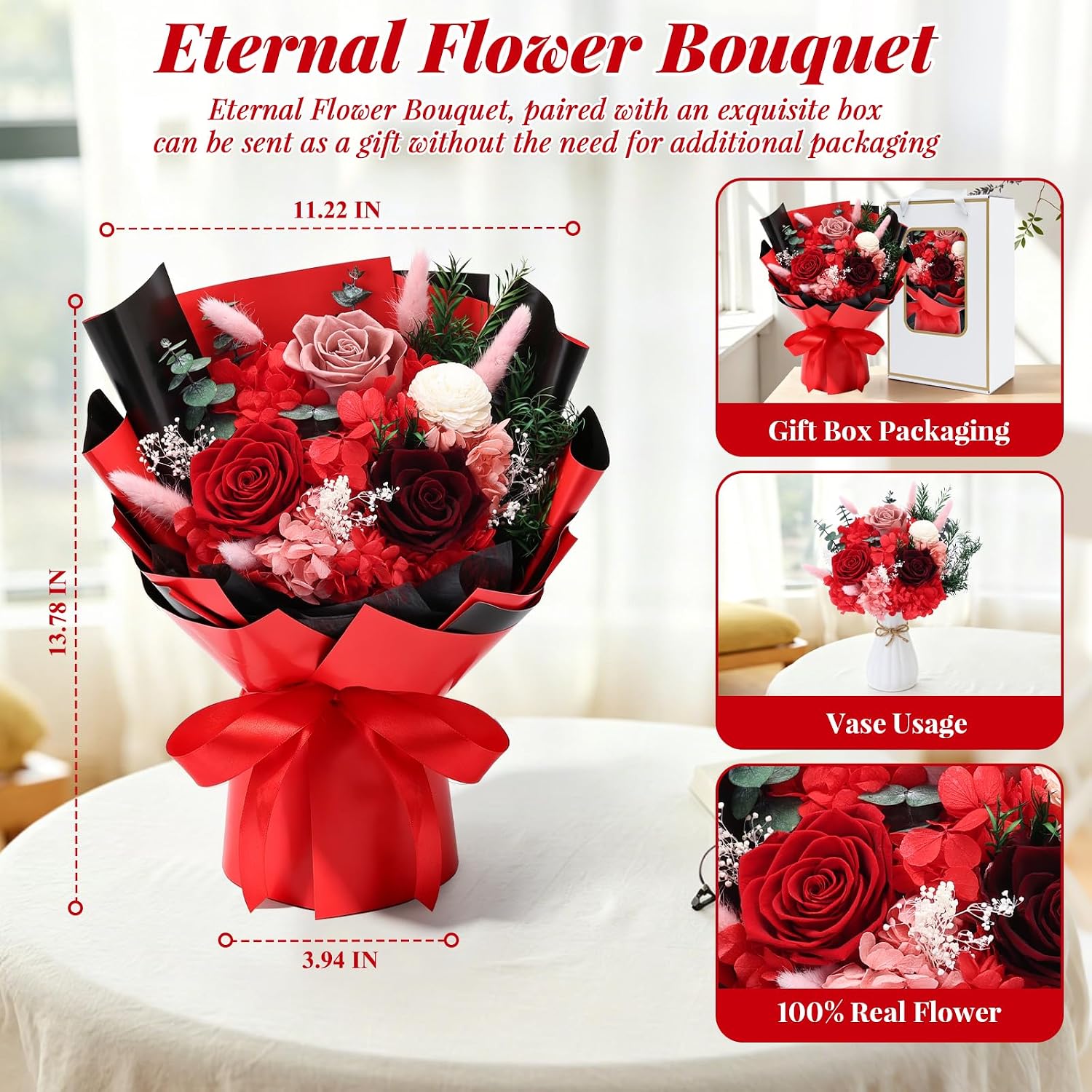 Preserved Roses Bouquet Flowers-100% Real Flowers that Last 3-5 Years, Eternal Rose Arrangement with 7 Botanical, Gift for Women Mom Wife Girlfriend, Birthday Anniversary Mother’s Day Valentine’s Day