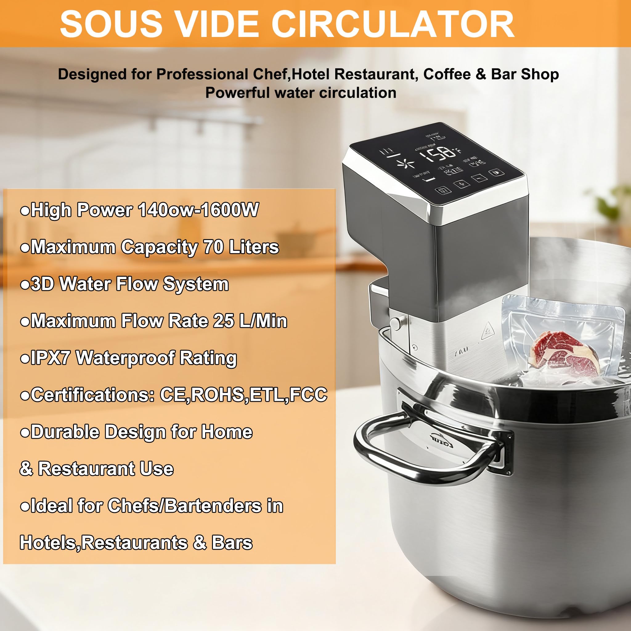 Sous Vide, 1600W Aparato de Cocina Precisión Cocina Baja Temperatura, LCD táctil, Temporizador, Cocinero Circulador, Máquina de Cocción al Vacío de Acero Inoxidable