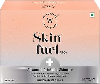 - WELLBEING NUTRITION Skin Fuel Pro+|Glutathione,Vit C & E,CoQ10,Vollagen & PhytoCellTech|Reduced Pigmentation & Dark Spots,Brightens Skin Tone,Anti-aging|Valencia Orange, 28 Servings,Sachet,1 count