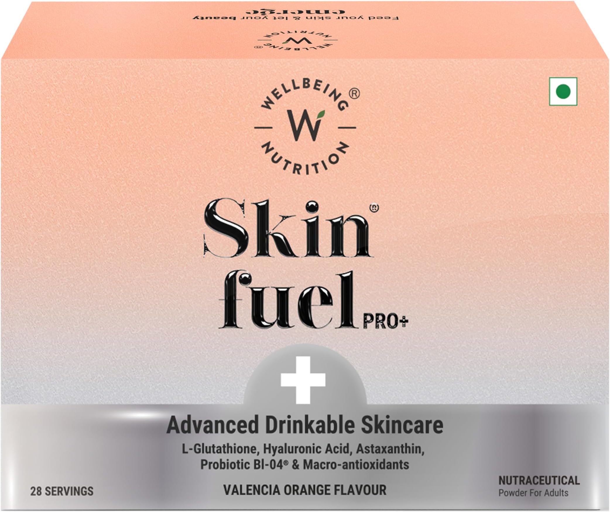 Wellbeing Nutrition Skin Fuel Pro+ | Glutathione, Vitamin C, Astaxanthin, Probiotic Bl-04® |Cliically proven to reduce Pigmentation, Dark Spots & Signs of Aging | Valencia Orange Flavour | 28 Servings