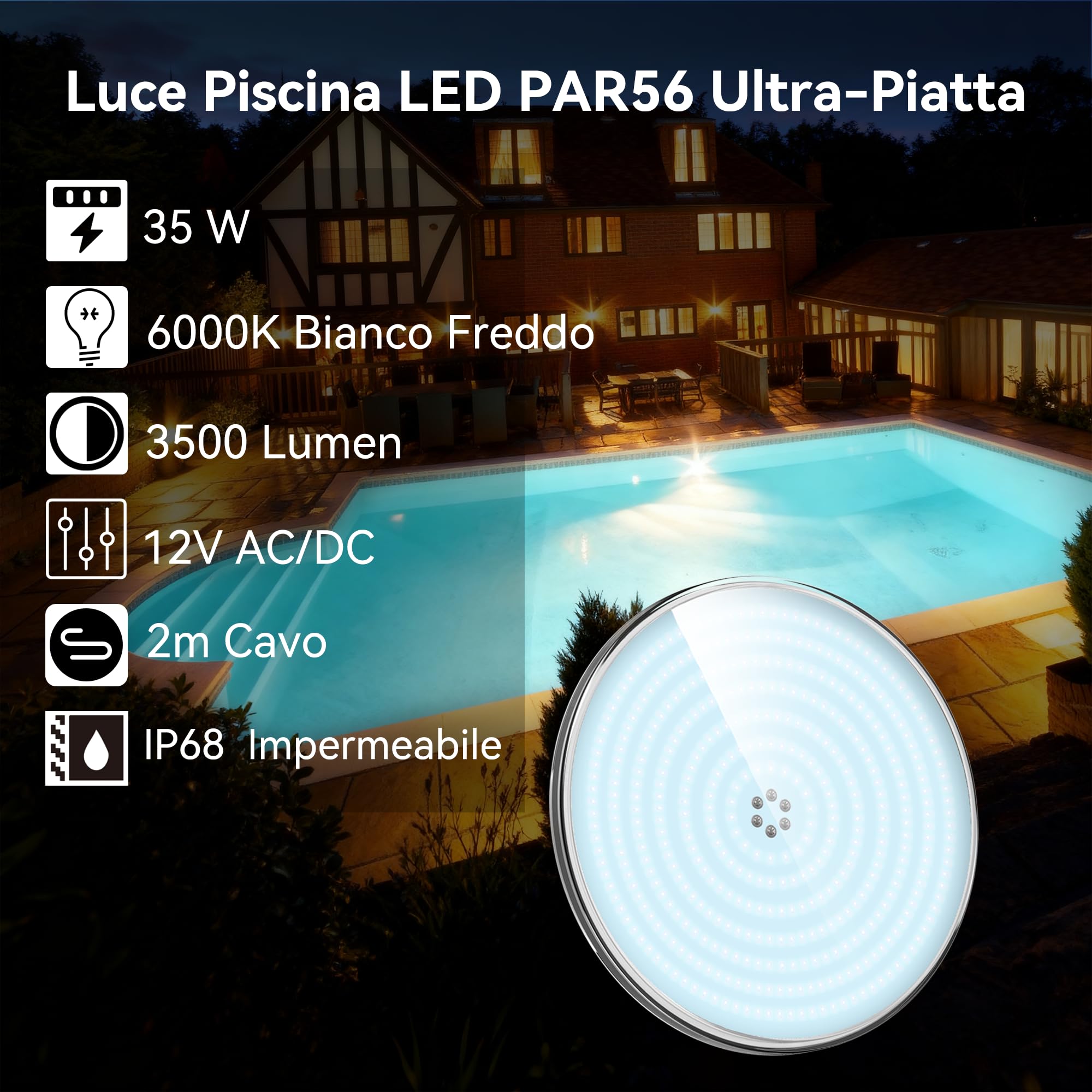 LyLmLe Luce Piscina LED Riempito di Resina, 35W Faretti LED PAR56 (équivalent 300W Lampada alogena),Illuminazione Led per Piscine, 3500lm,140°angolo del fascio, IP68 Impermeabile, 12V AC/DC,6000K