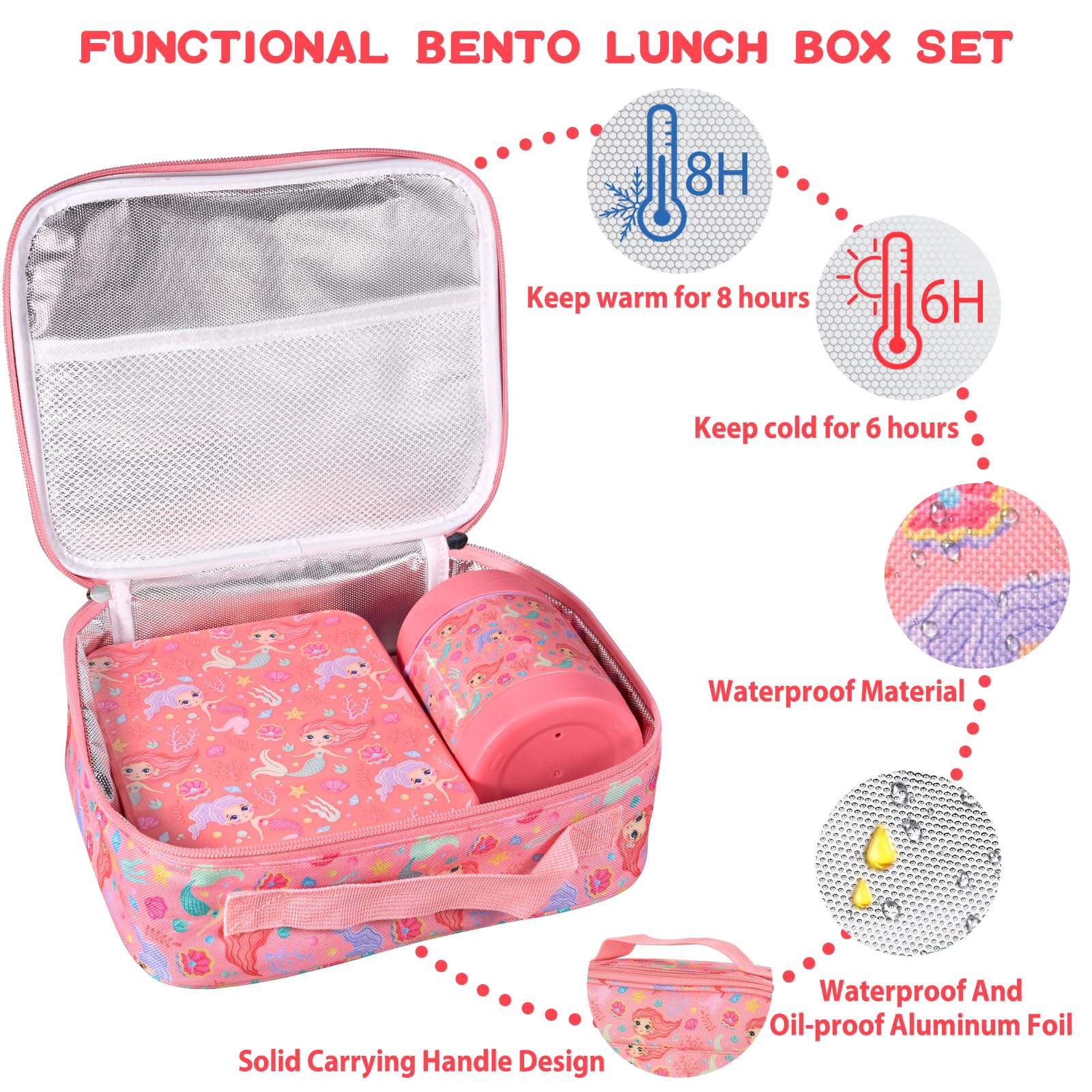 Szczelne izolowane pudełko na lunch Bento dla dzieci z termosem do zupy 295 ml, izolowana torba na lunch, 4-komorowy pojemnik na lunch i termos słoik na żywność dla dzieci do szkoły, bez BPA, materiały bezpieczne dla żywności (syrenka)