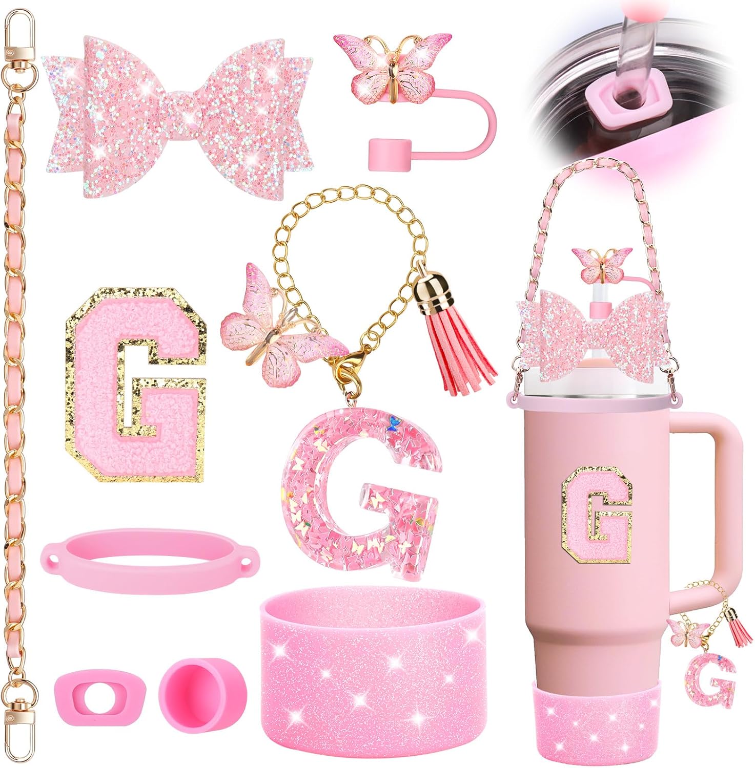 Mity rain 9PCS Pink Cup Accessories Set for Stanley Cup 30oz 40oz tumbler with handle - Includes Strap,Straw Bow Decorate,Straw Topper,Boot,Spill Proof Stoppers,Handle Charms,Sticker (Initials G)