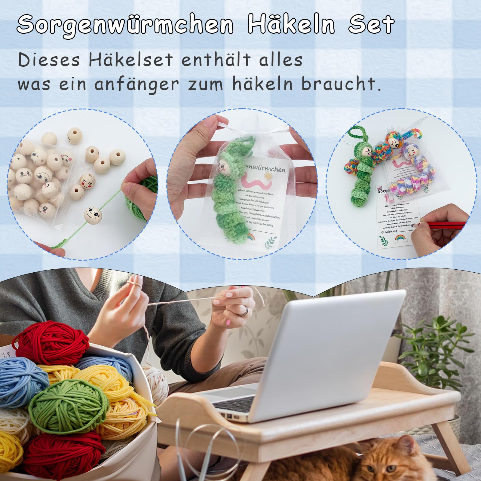 Coopay Goudswormenset met kleurverloop haakgaren, 6 x 50 g met 50 houten ballen met gezicht Coopay Goudswormenset met kleurverloop haakgaren, 6 x 50 g met 50 houten ballen met gezicht
