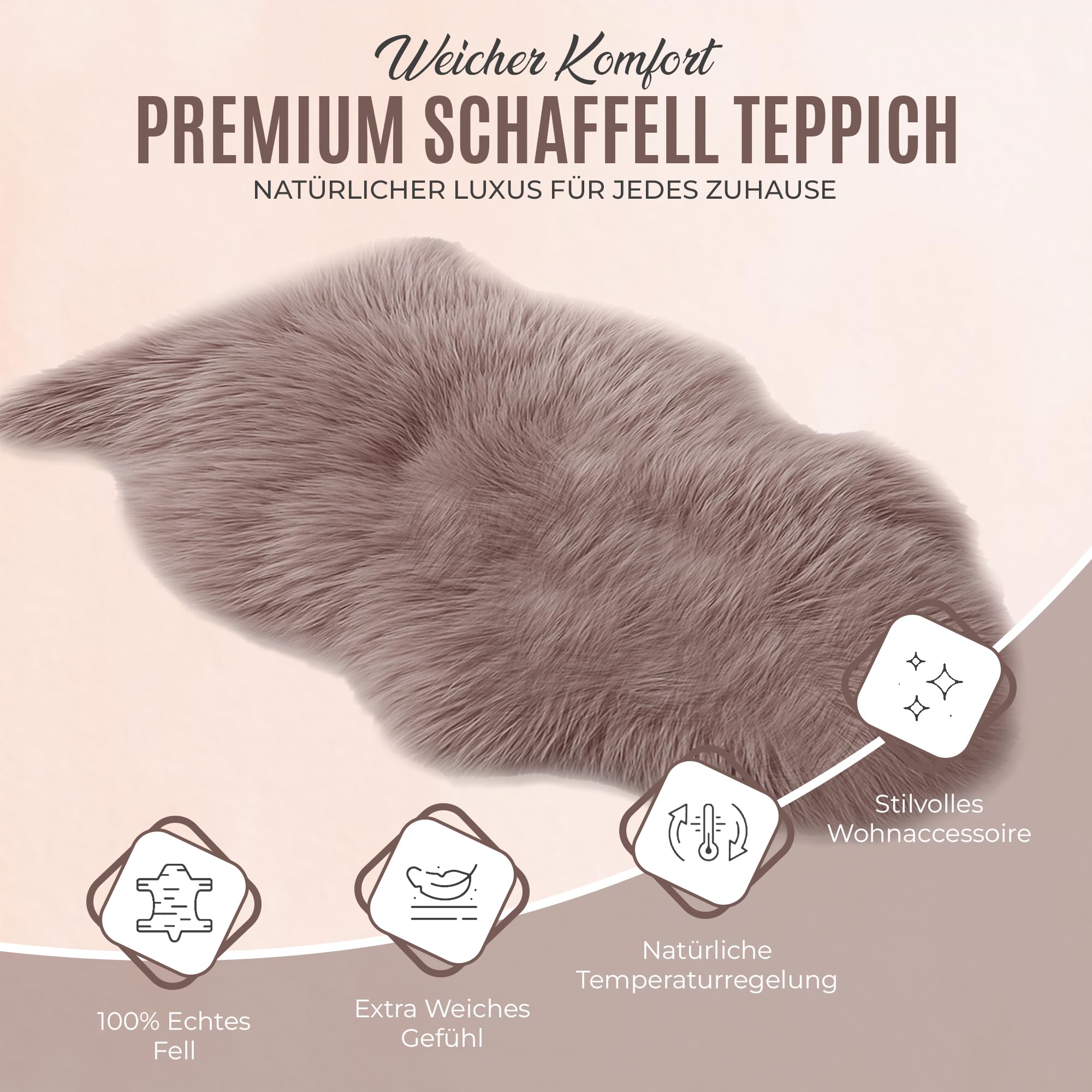 Schaffell Teppich Echtes Lammfell 100% Naturfell Weicher Sheepskin Teppich, Flauschiger Schafspelz als Bettvorleger, Sitzfell Deko Fell für Sofa & Wohnzimmer (Taupe, L: 100 bis 110cm)