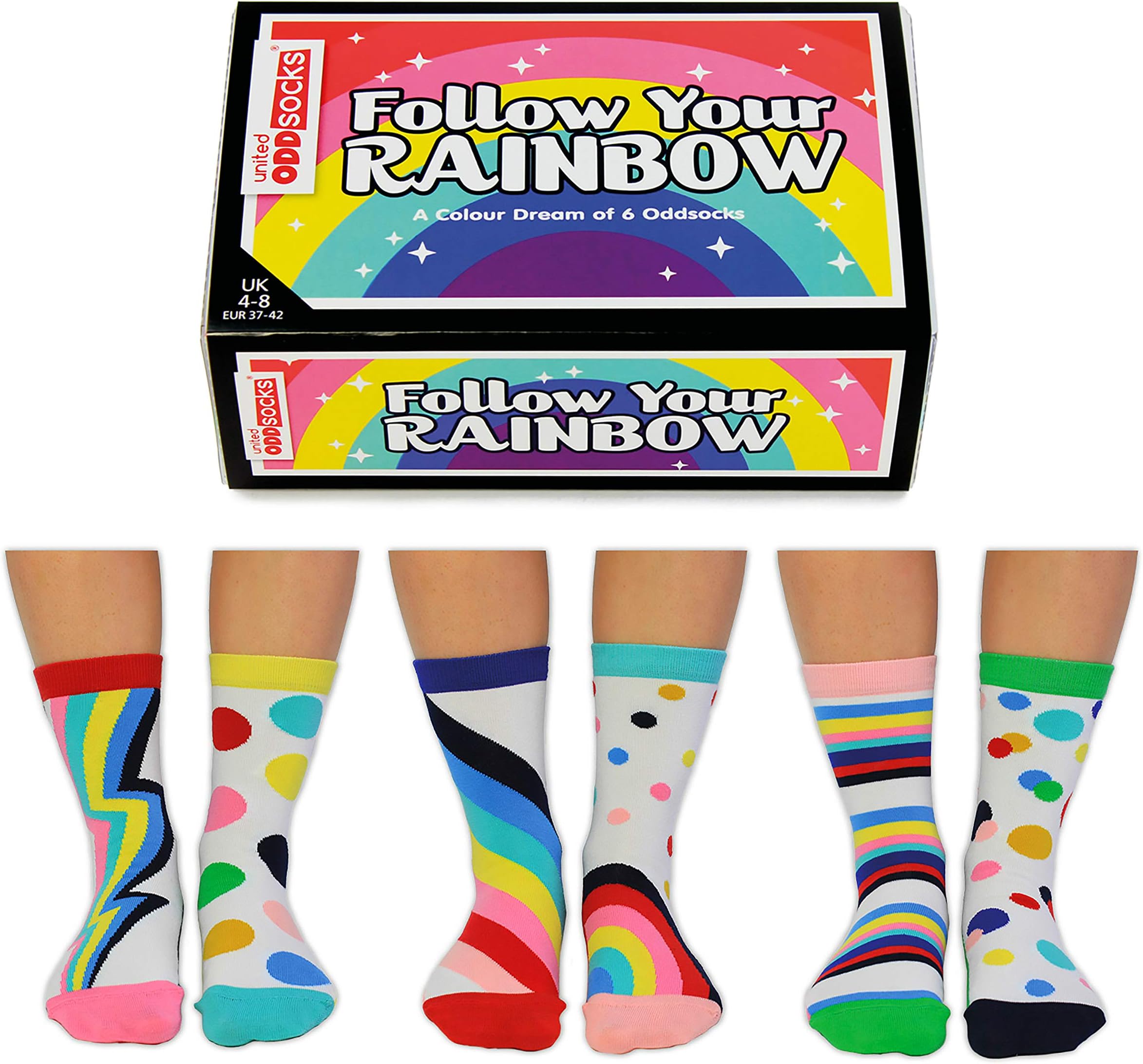 Follow Your Rainbow - United Oddsocks- Ladies Box of 6 Oddsocks - UK 4-8 EUR 37-42 US 6.5-10.5