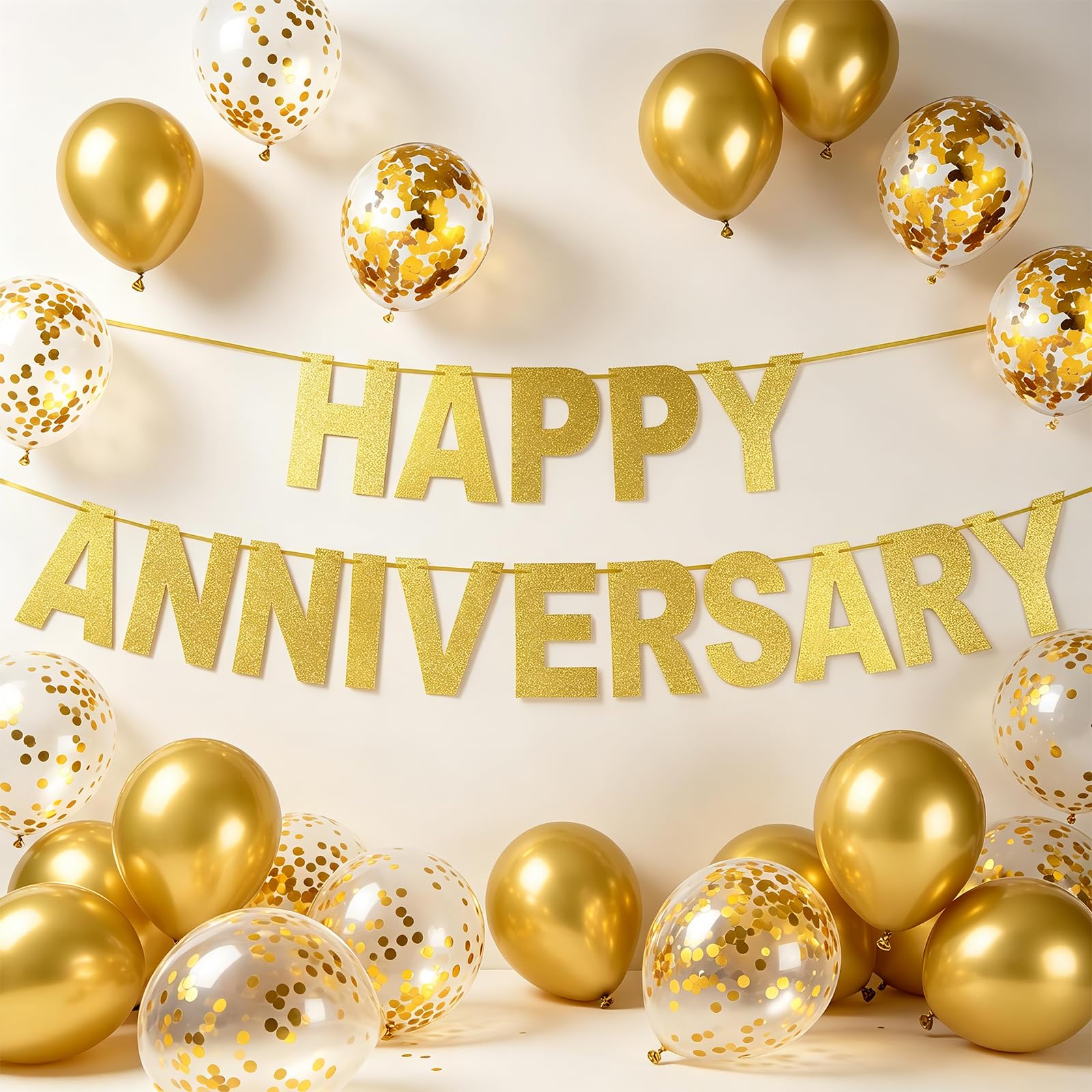 Gold Banner & Balloons Happy Anniversary Decoration Set (Gold) — image 1