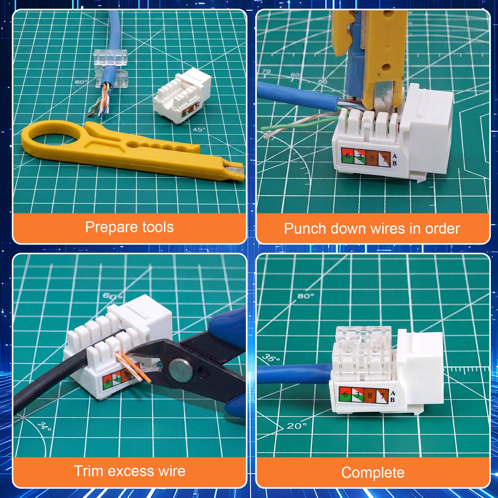 Tellegloww Lot de 120 connecteurs Keystone Cat6 RJ45 en vrac à 90 degrés pour panneau de brassage et plaque murale, blanc