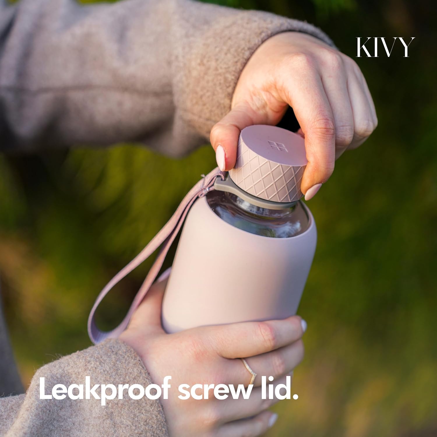 KIVY Glass Water Bottle with Silicone Sleeve 32 oz [WITH MEASUREMENT] - Borosilicate Glass Water Bottle Screw Top - Clear Bottles with Measurement Marking - Slim Waterbottle Aesthetic - Taupe - Image 2