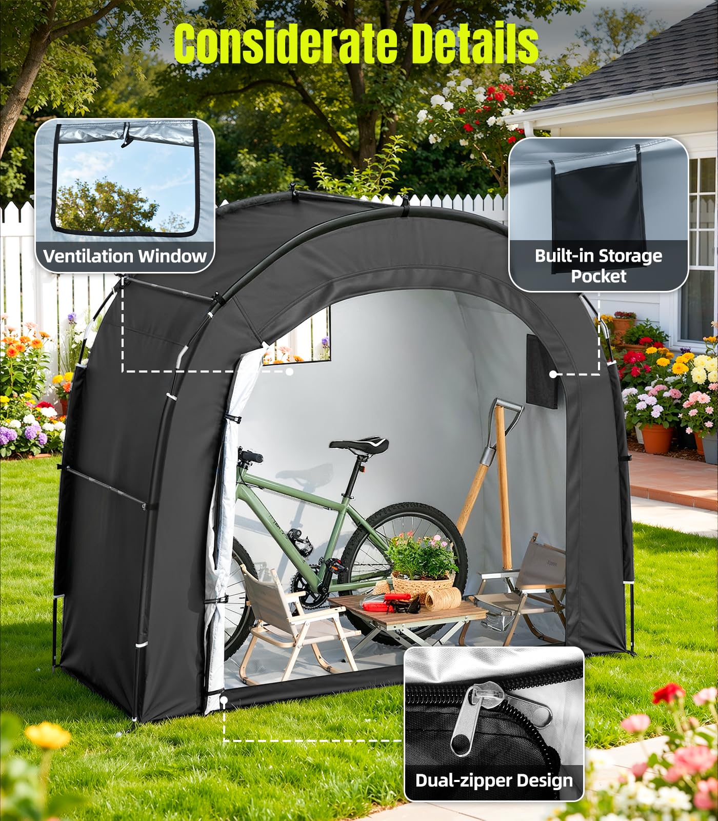 Housolution Tente de Stockage pour 3 Vélos, Extérieur Portable 210D Oxford épais PU4000 Imperméable à l'eau avec Fenêtre Ventilée, Tente pour Vélo, Tondeuse à Gazon, Outils de Jardin